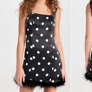 Chic Black Polka Dot Dress with Feather Trim